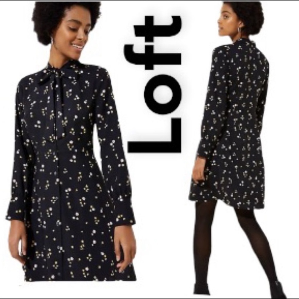 LOFT Women's Floral Tie Neck Flare floral daisy Dress fashion casual outfit